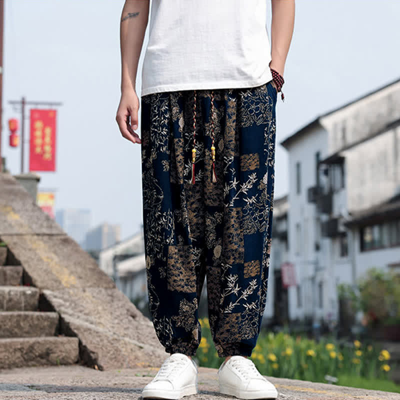 Nimara Ritual Summer Boho Casual Drawstring Elephant Tree Print Cropped Pants Men's Harem Pants With Pockets
