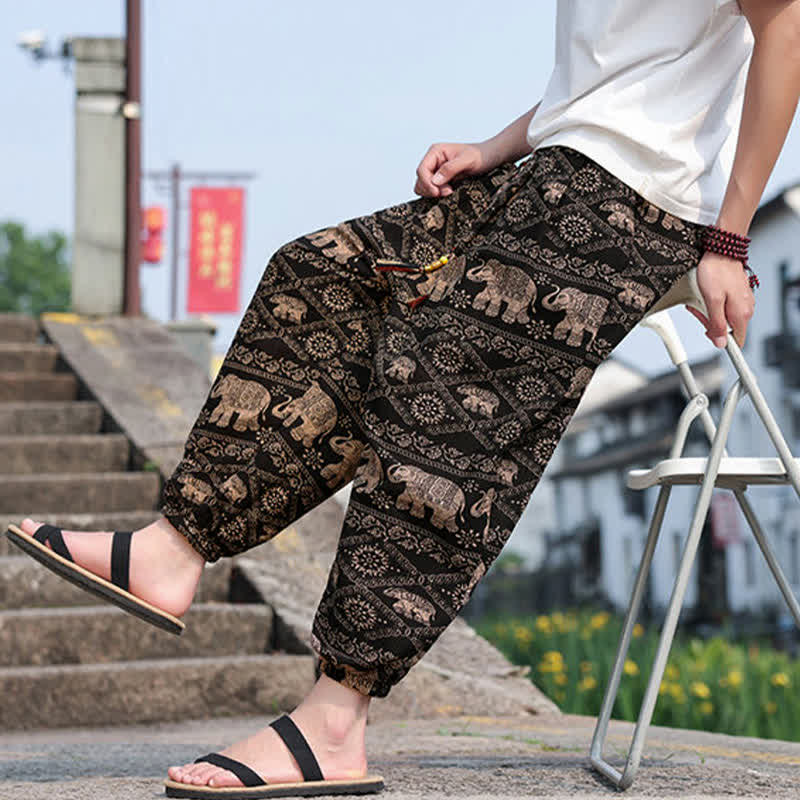 Nimara Ritual Summer Boho Casual Drawstring Elephant Tree Print Cropped Pants Men's Harem Pants With Pockets