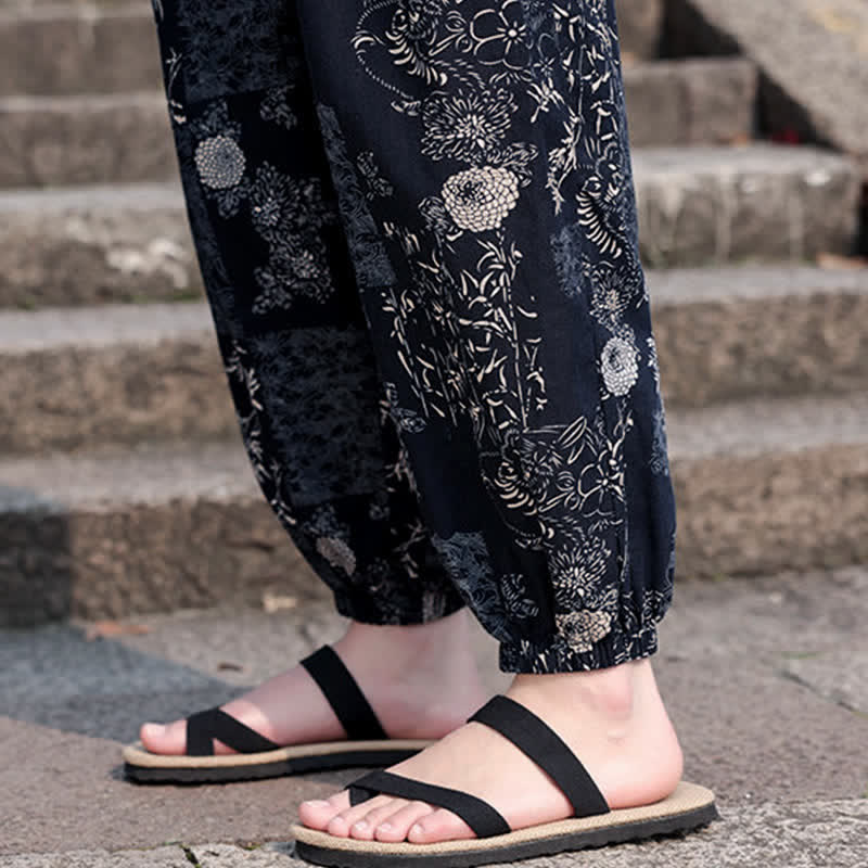Nimara Ritual Summer Boho Casual Drawstring Elephant Tree Print Cropped Pants Men's Harem Pants With Pockets