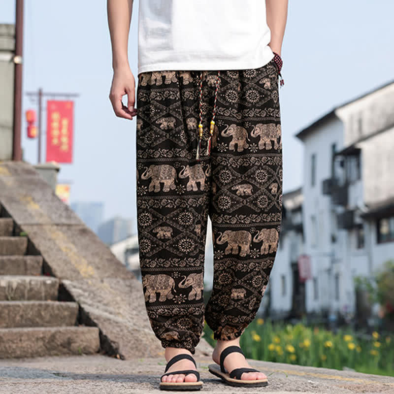 Nimara Ritual Summer Boho Casual Drawstring Elephant Tree Print Cropped Pants Men's Harem Pants With Pockets