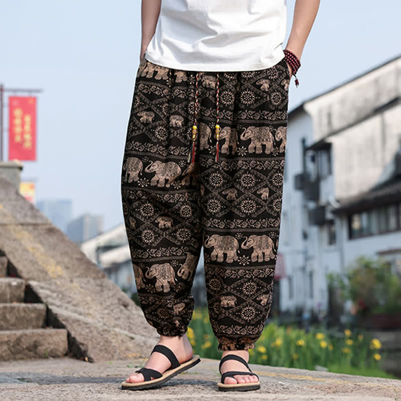 Nimara Ritual Summer Boho Casual Drawstring Elephant Tree Print Cropped Pants Men's Harem Pants With Pockets