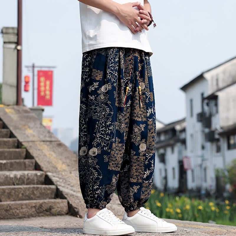 Nimara Ritual Summer Boho Casual Drawstring Elephant Tree Print Cropped Pants Men's Harem Pants With Pockets