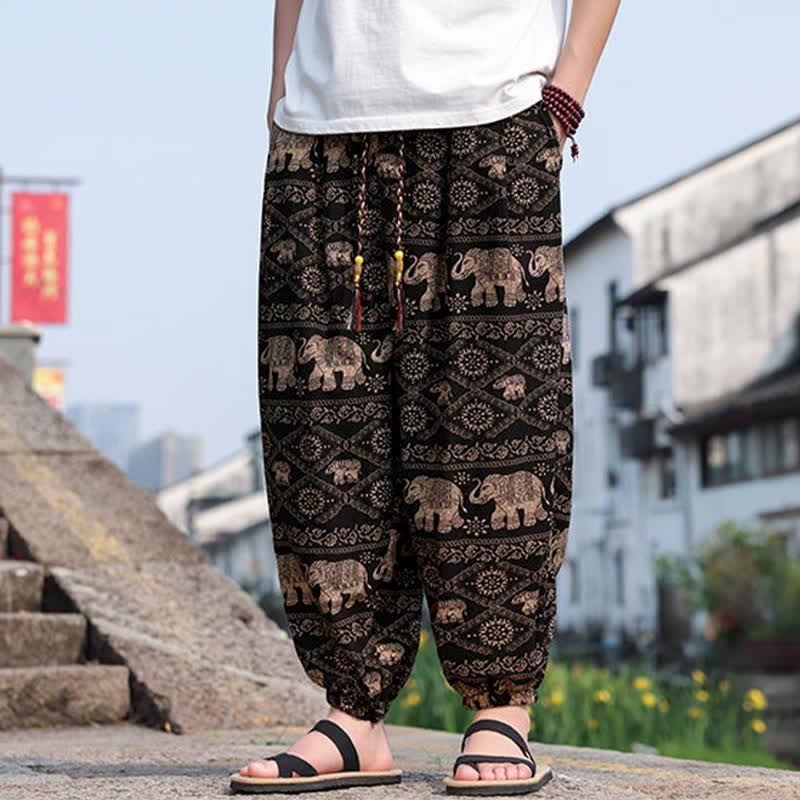 Nimara Ritual Summer Boho Casual Drawstring Elephant Tree Print Cropped Pants Men's Harem Pants With Pockets