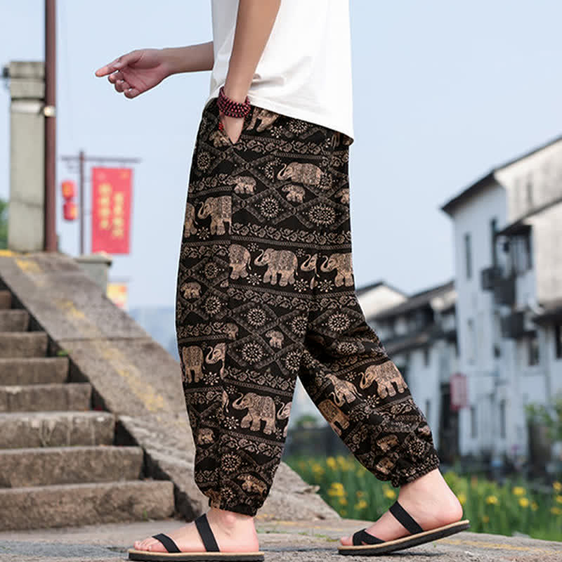 Nimara Ritual Summer Boho Casual Drawstring Elephant Tree Print Cropped Pants Men's Harem Pants With Pockets