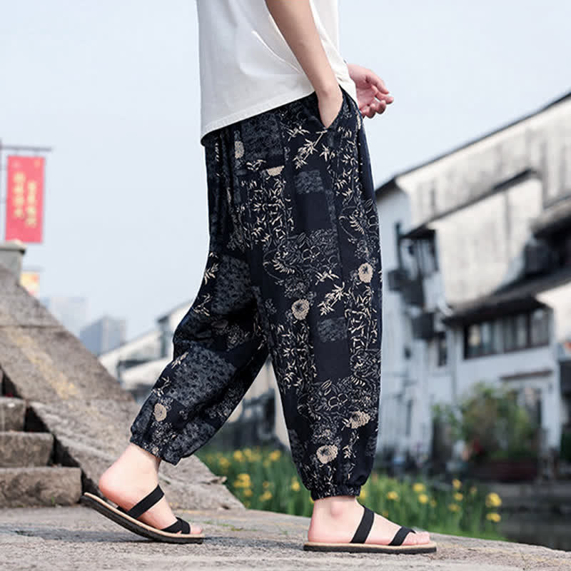 Nimara Ritual Summer Boho Casual Drawstring Elephant Tree Print Cropped Pants Men's Harem Pants With Pockets