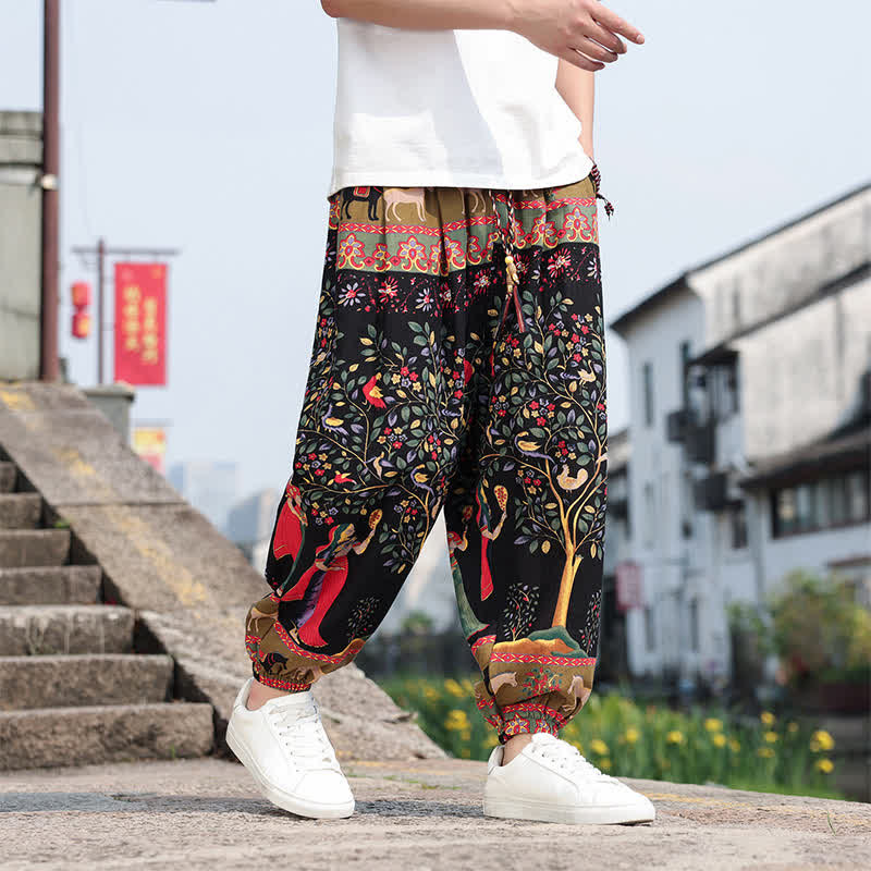Nimara Ritual Summer Boho Casual Drawstring Elephant Tree Print Cropped Pants Men's Harem Pants With Pockets