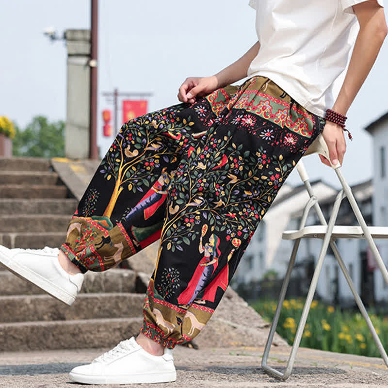 Nimara Ritual Summer Boho Casual Drawstring Elephant Tree Print Cropped Pants Men's Harem Pants With Pockets