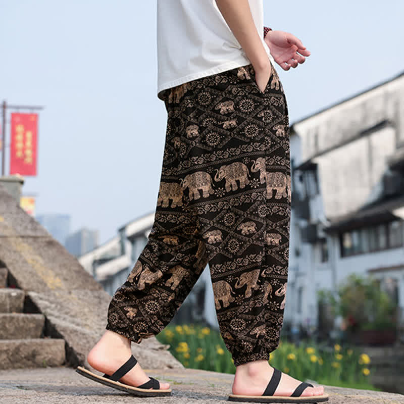Nimara Ritual Summer Boho Casual Drawstring Elephant Tree Print Cropped Pants Men's Harem Pants With Pockets