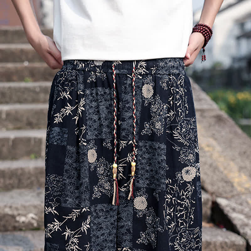 Nimara Ritual Summer Boho Casual Drawstring Elephant Tree Print Cropped Pants Men's Harem Pants With Pockets