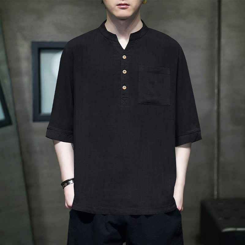Nimara Ritual Summer Casual Tang Style Mandarin Collar Solid Men's Short Sleeve Shirts With Patch Pocket