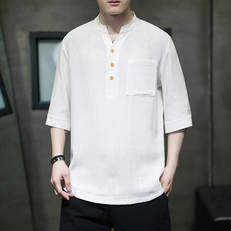 Nimara Ritual Summer Casual Tang Style Mandarin Collar Solid Men's Short Sleeve Shirts With Patch Pocket