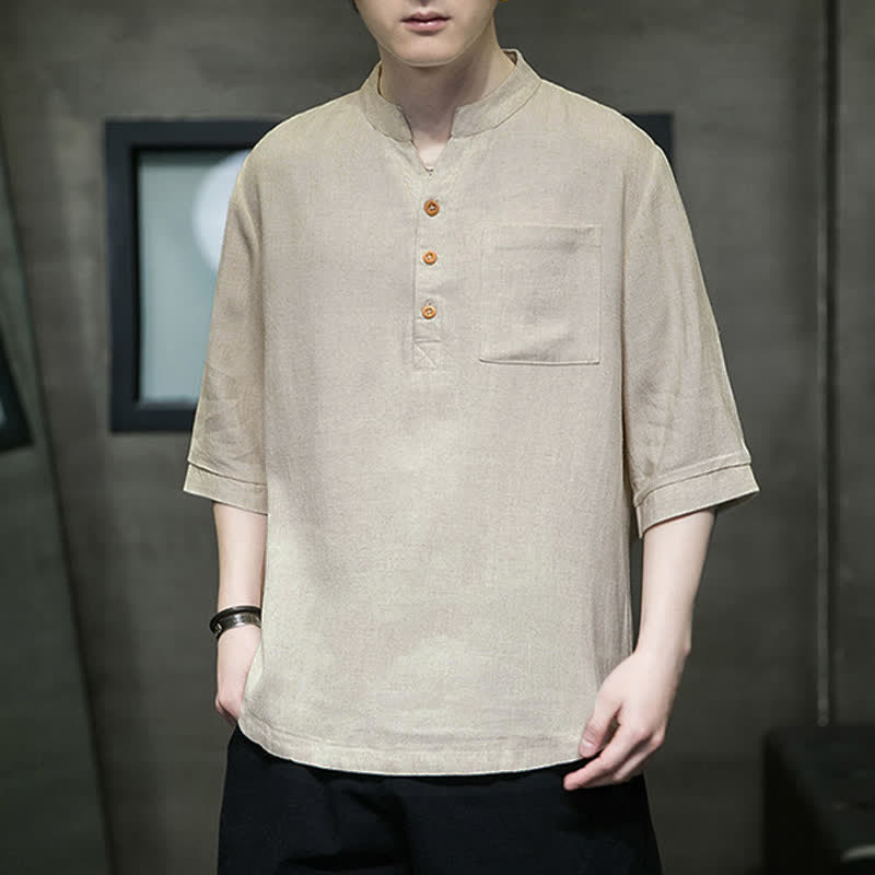 Nimara Ritual Summer Casual Tang Style Mandarin Collar Solid Men's Short Sleeve Shirts With Patch Pocket
