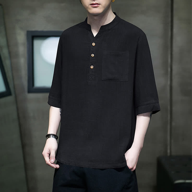 Nimara Ritual Summer Casual Tang Style Mandarin Collar Solid Men's Short Sleeve Shirts With Patch Pocket