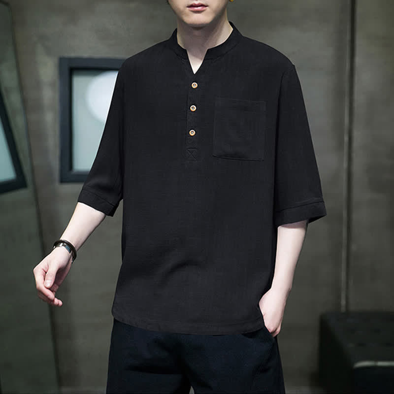 Nimara Ritual Summer Casual Tang Style Mandarin Collar Solid Men's Short Sleeve Shirts With Patch Pocket
