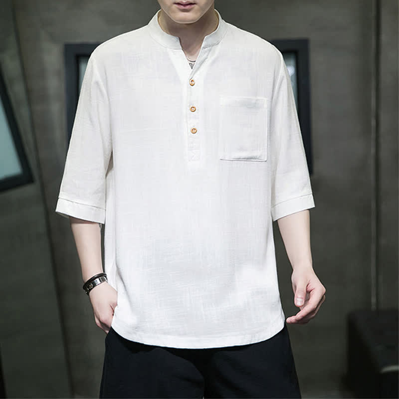 Nimara Ritual Summer Casual Tang Style Mandarin Collar Solid Men's Short Sleeve Shirts With Patch Pocket