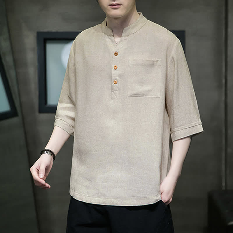 Nimara Ritual Summer Casual Tang Style Mandarin Collar Solid Men's Short Sleeve Shirts With Patch Pocket