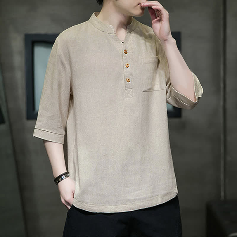 Nimara Ritual Summer Casual Tang Style Mandarin Collar Solid Men's Short Sleeve Shirts With Patch Pocket