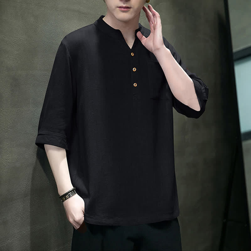 Nimara Ritual Summer Casual Tang Style Mandarin Collar Solid Men's Short Sleeve Shirts With Patch Pocket