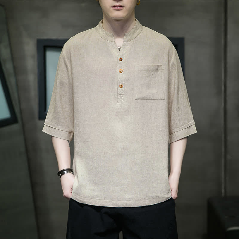 Nimara Ritual Summer Casual Tang Style Mandarin Collar Solid Men's Short Sleeve Shirts With Patch Pocket