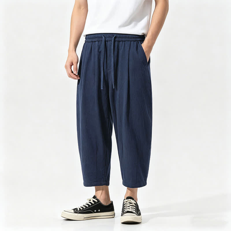Nimara Ritual Summer Casual Drawstring Solid Cotton Capri Pants Men's Harem Pants With Pockets