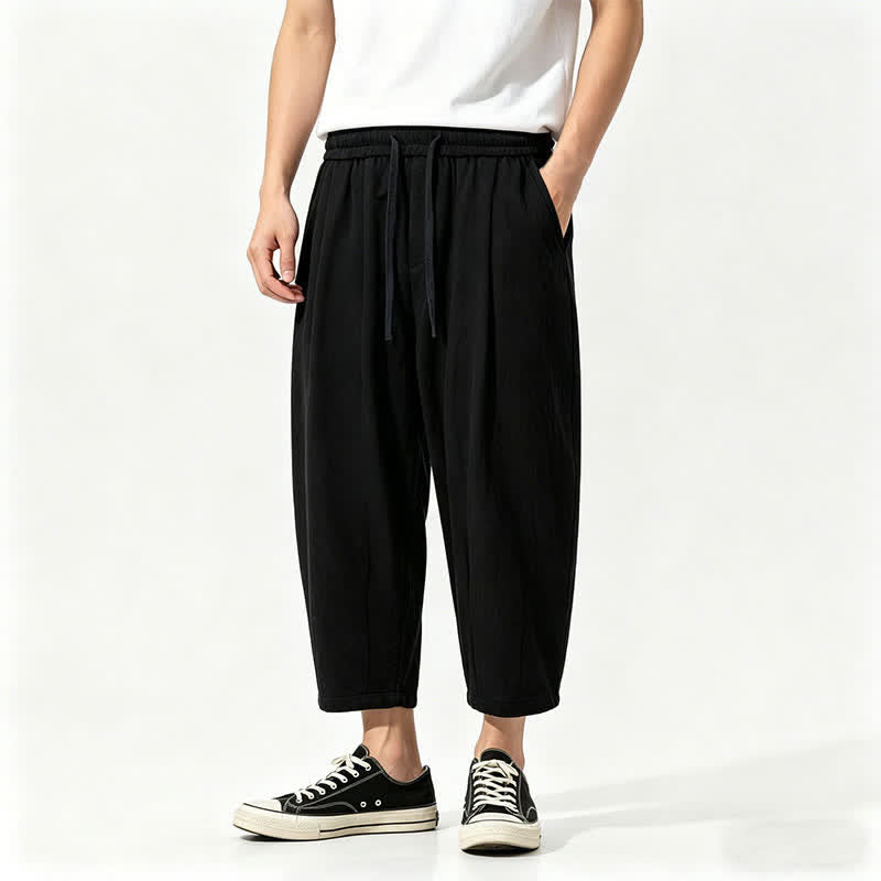 Nimara Ritual Summer Casual Drawstring Solid Cotton Capri Pants Men's Harem Pants With Pockets