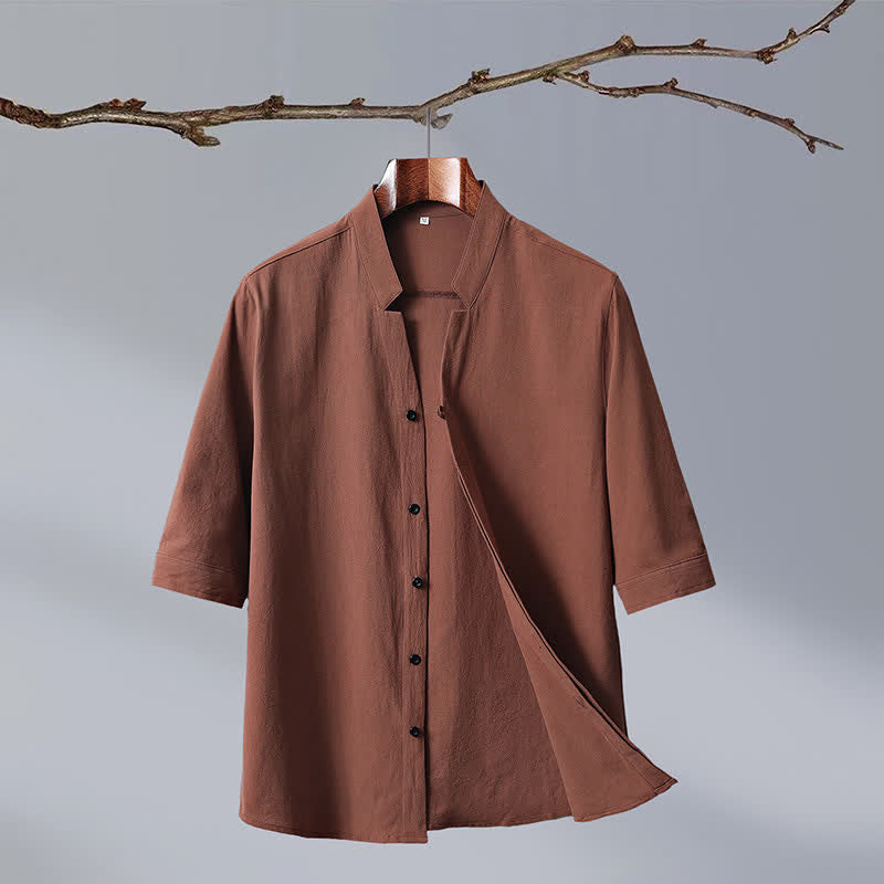 Nimara Ritual Summer Tang Style Mandarin Collar Button-Up Solid Cotton Men's Short Sleeve Shirts