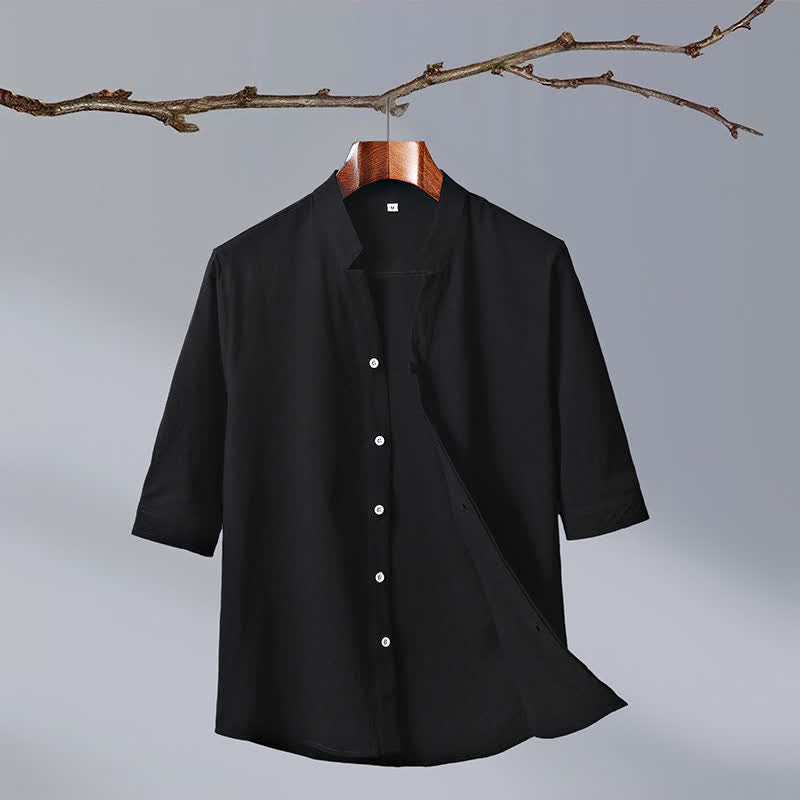Nimara Ritual Summer Tang Style Mandarin Collar Button-Up Solid Cotton Men's Short Sleeve Shirts