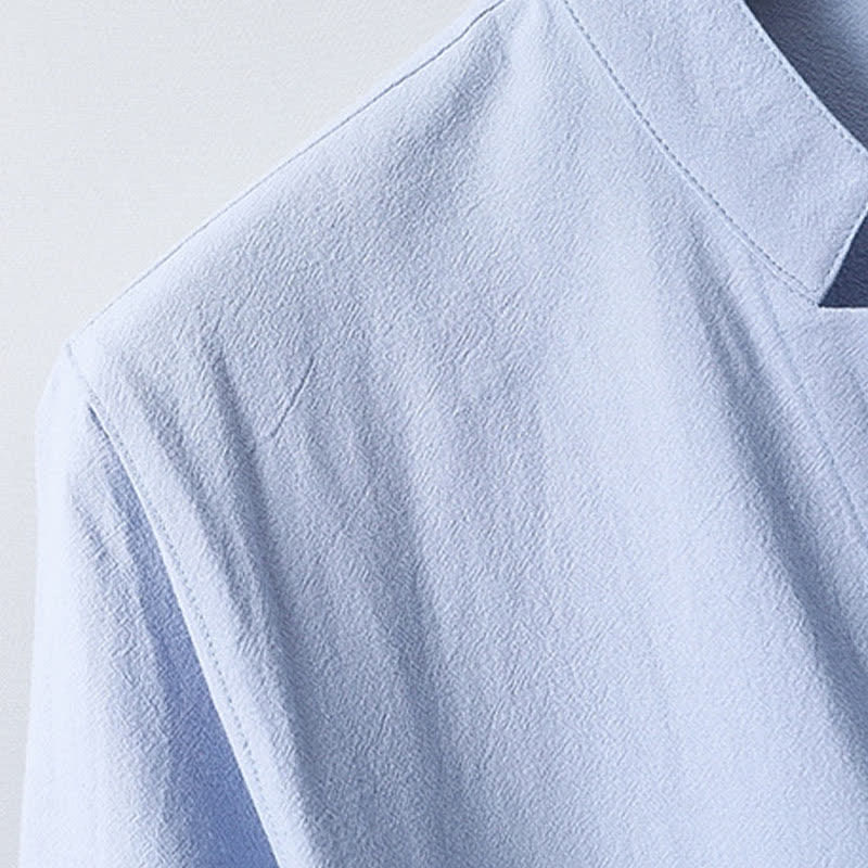 Nimara Ritual Summer Tang Style Mandarin Collar Button-Up Solid Cotton Men's Short Sleeve Shirts