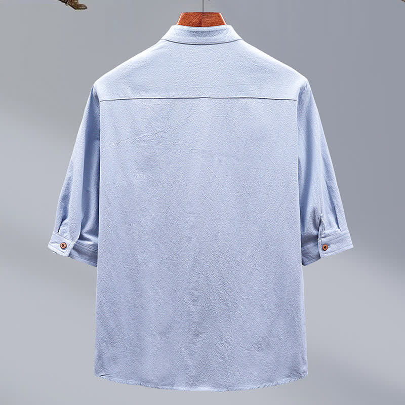 Nimara Ritual Summer Tang Style Mandarin Collar Button-Up Solid Cotton Men's Short Sleeve Shirts