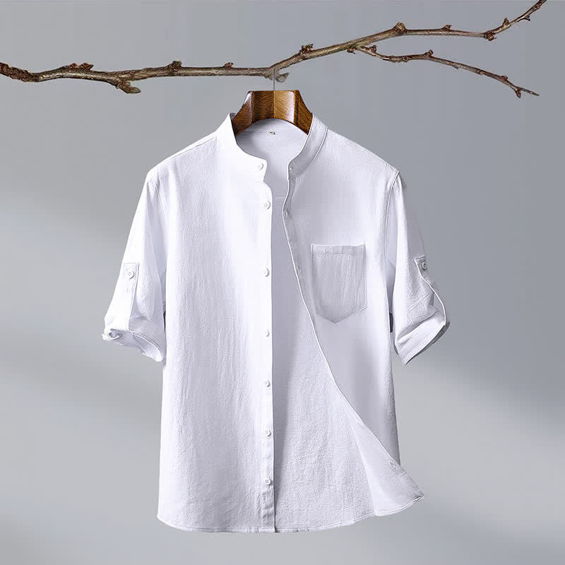Nimara Ritual Summer Tang Style Casual Mandarin Collar Solid Cotton Men's Short Sleeve Shirts With Patch Pocket
