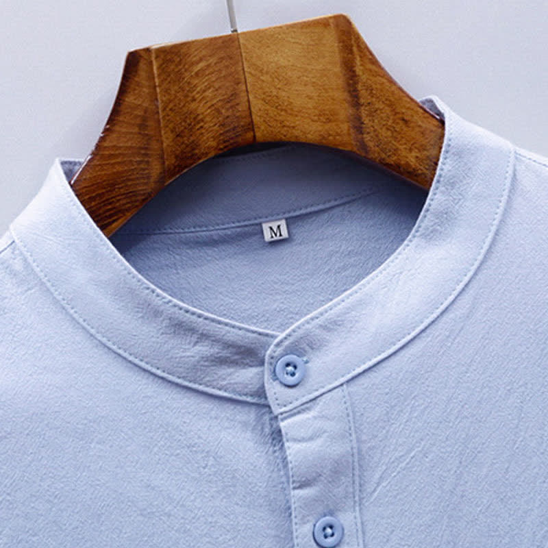 Nimara Ritual Summer Tang Style Casual Mandarin Collar Solid Cotton Men's Short Sleeve Shirts With Patch Pocket