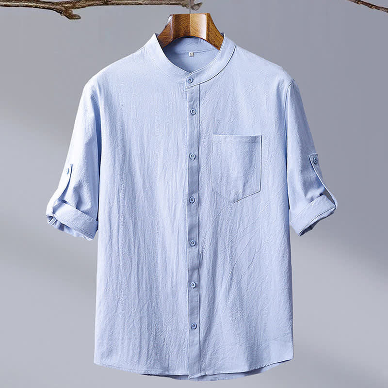 Nimara Ritual Summer Tang Style Casual Mandarin Collar Solid Cotton Men's Short Sleeve Shirts With Patch Pocket
