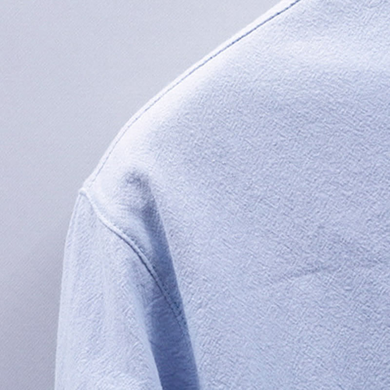 Nimara Ritual Summer Tang Style Casual Mandarin Collar Solid Cotton Men's Short Sleeve Shirts With Patch Pocket