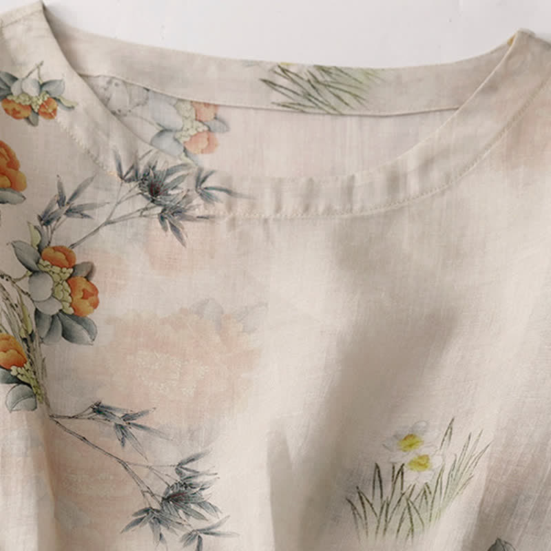 Nimara Ritual Summer Vintage Drawstring Beige Floral Crew Neck Women's Short Sleeve Dress With Pocket