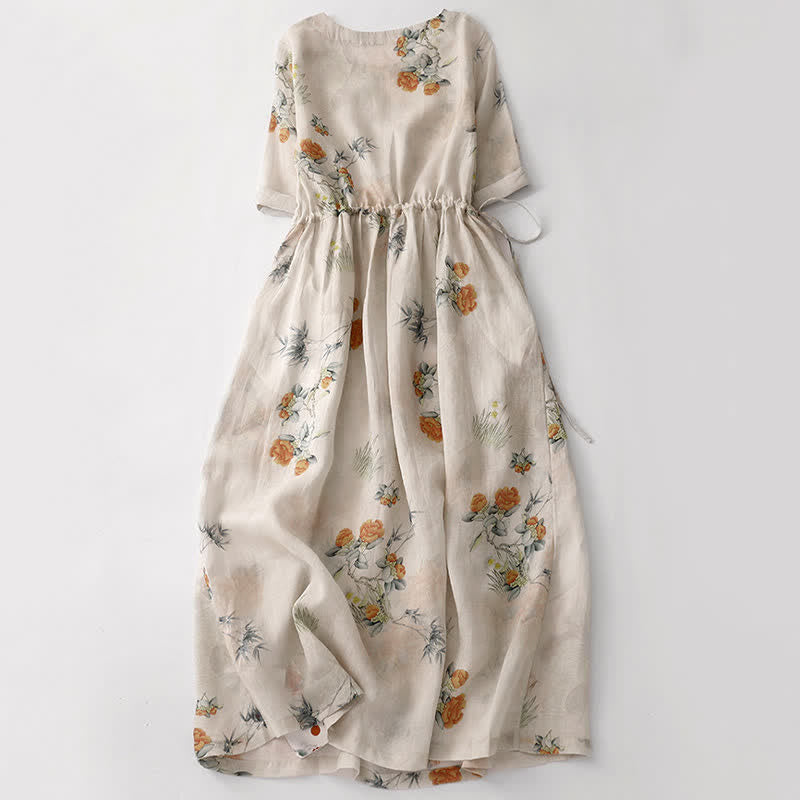 Nimara Ritual Summer Vintage Drawstring Beige Floral Crew Neck Women's Short Sleeve Dress With Pocket