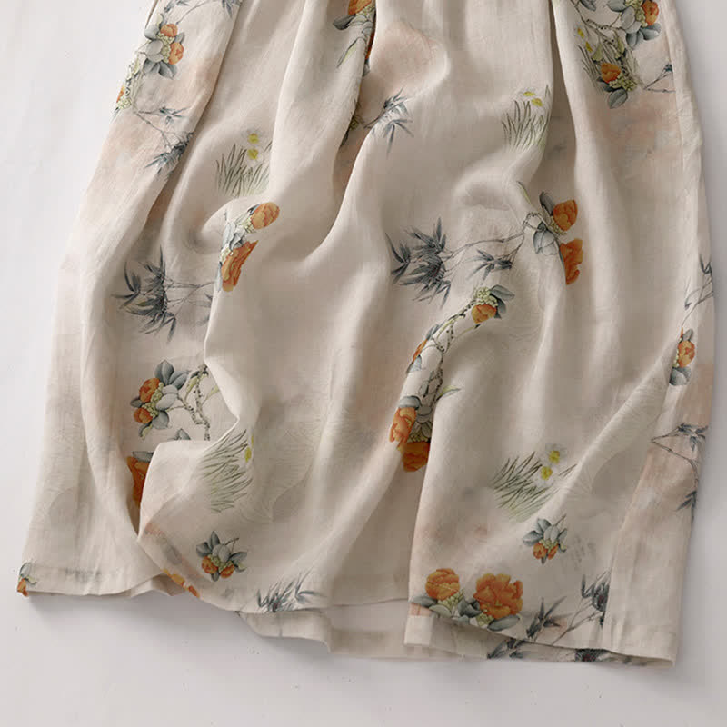 Nimara Ritual Summer Vintage Drawstring Beige Floral Crew Neck Women's Short Sleeve Dress With Pocket