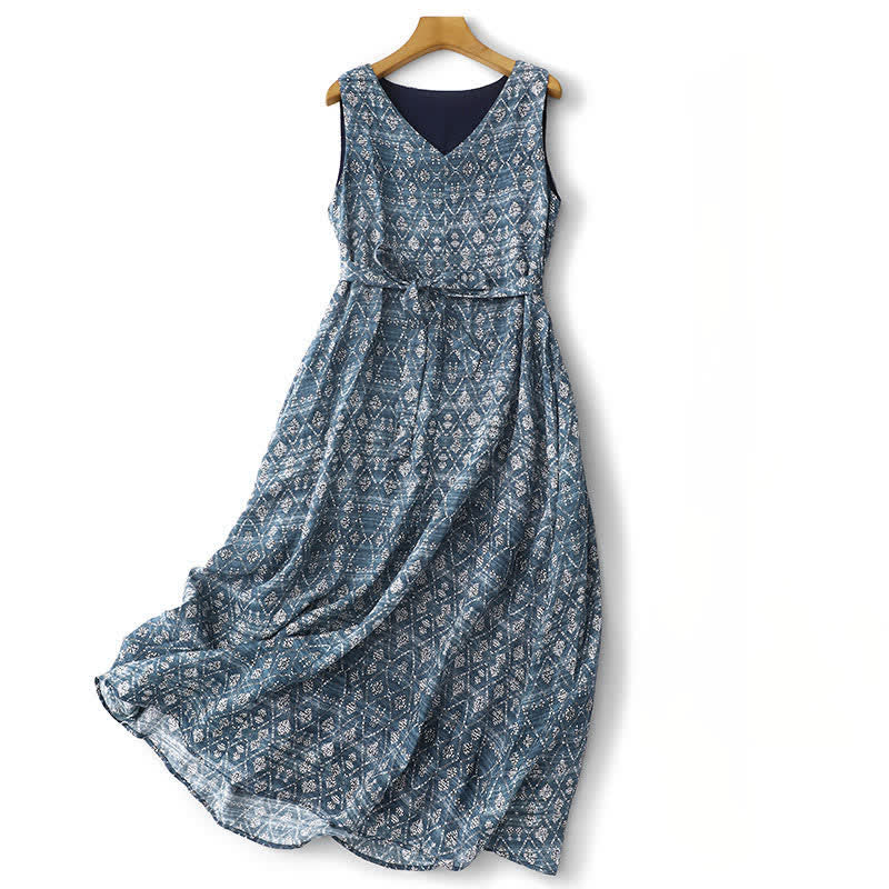 Nimara Ritual Summer Boho Drawstring Blue Geometric Women's Summer Sleeveless Dress With Pockets