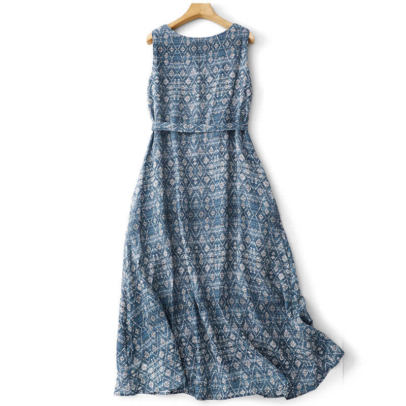 Nimara Ritual Summer Boho Drawstring Blue Geometric Women's Summer Sleeveless Dress With Pockets