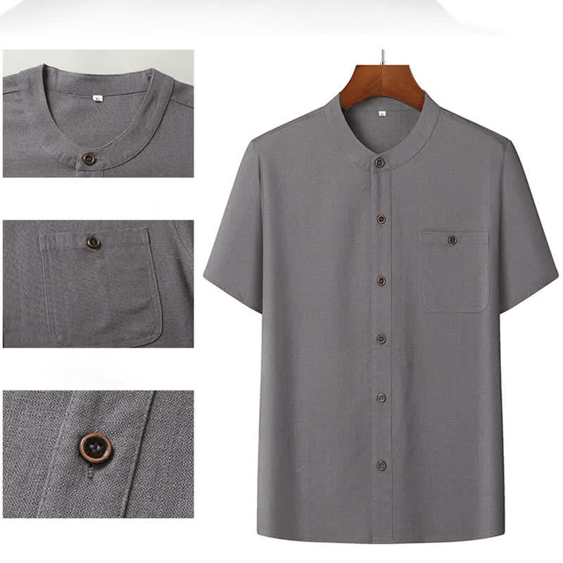 Nimara Ritual Summer Casual Mandarin Collar Solid Short Sleeve Shirt Drawstring Pants Men's Matching Sets With Pockets