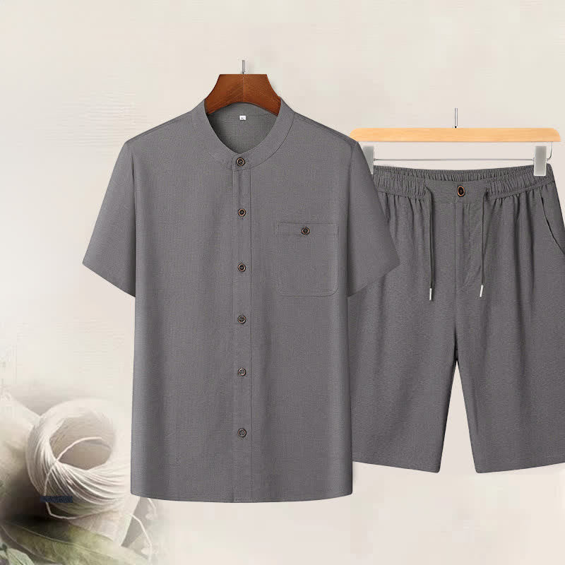 Nimara Ritual Summer Casual Mandarin Collar Solid Short Sleeve Shirt Drawstring Pants Men's Matching Sets With Pockets