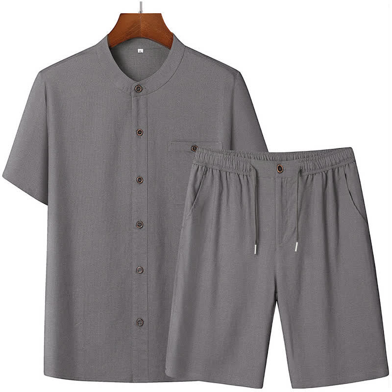Nimara Ritual Summer Casual Mandarin Collar Solid Short Sleeve Shirt Drawstring Pants Men's Matching Sets With Pockets