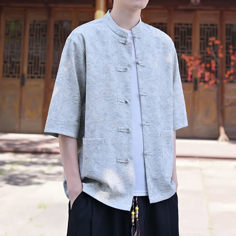 Nimara Ritual Summer Tang Style Mandarin Collar Frog Button Solid Men's Short Sleeve Shirts With Pocket