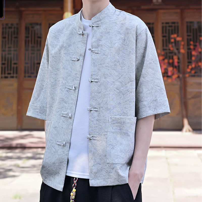 Nimara Ritual Summer Tang Style Mandarin Collar Frog Button Solid Men's Short Sleeve Shirts With Pocket