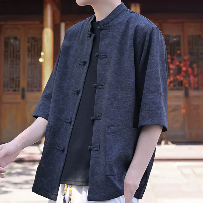 Nimara Ritual Summer Tang Style Mandarin Collar Frog Button Solid Men's Short Sleeve Shirts With Pocket