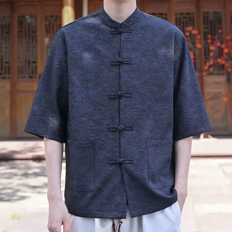 Nimara Ritual Summer Tang Style Mandarin Collar Frog Button Solid Men's Short Sleeve Shirts With Pocket