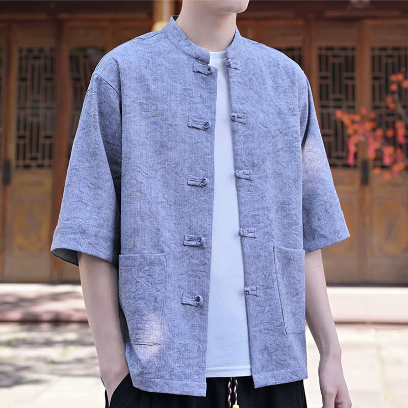 Nimara Ritual Summer Tang Style Mandarin Collar Frog Button Solid Men's Short Sleeve Shirts With Pocket