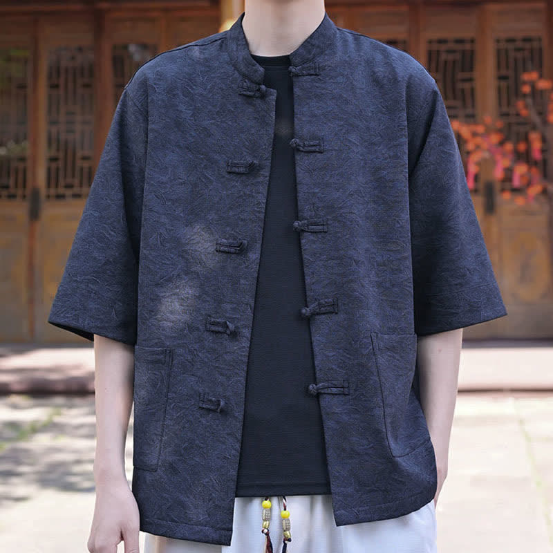 Nimara Ritual Summer Tang Style Mandarin Collar Frog Button Solid Men's Short Sleeve Shirts With Pocket