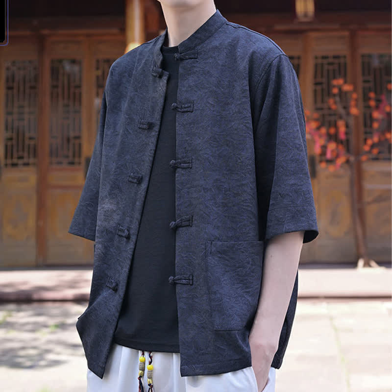 Nimara Ritual Summer Tang Style Mandarin Collar Frog Button Solid Men's Short Sleeve Shirts With Pocket