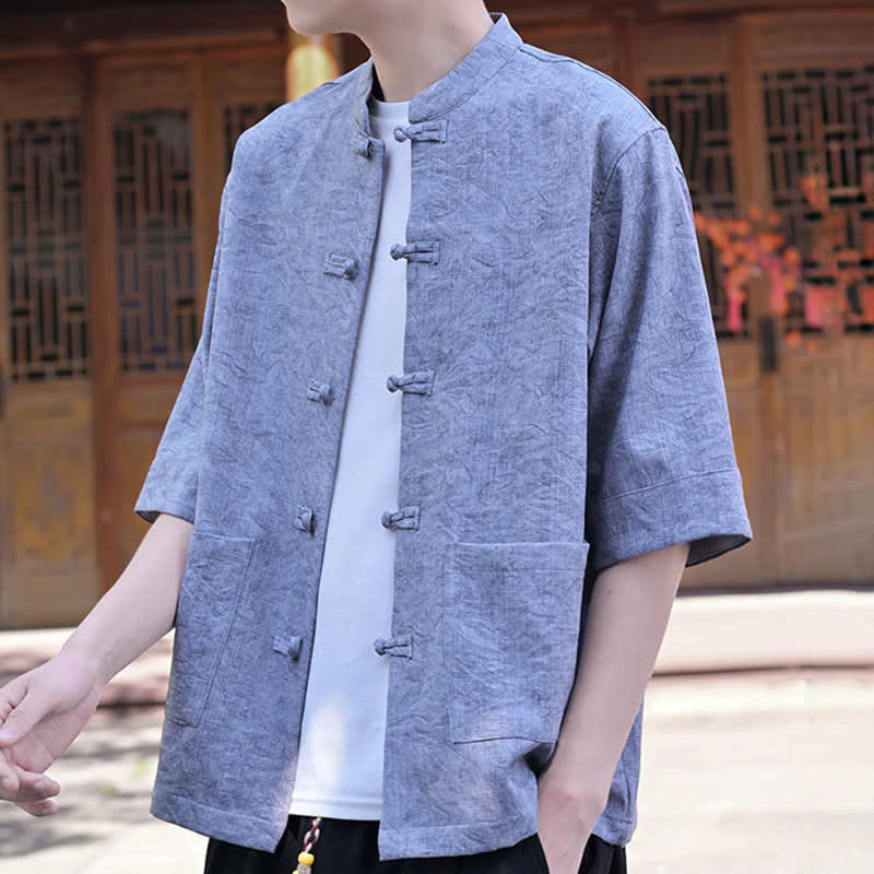 Nimara Ritual Summer Tang Style Mandarin Collar Frog Button Solid Men's Short Sleeve Shirts With Pocket