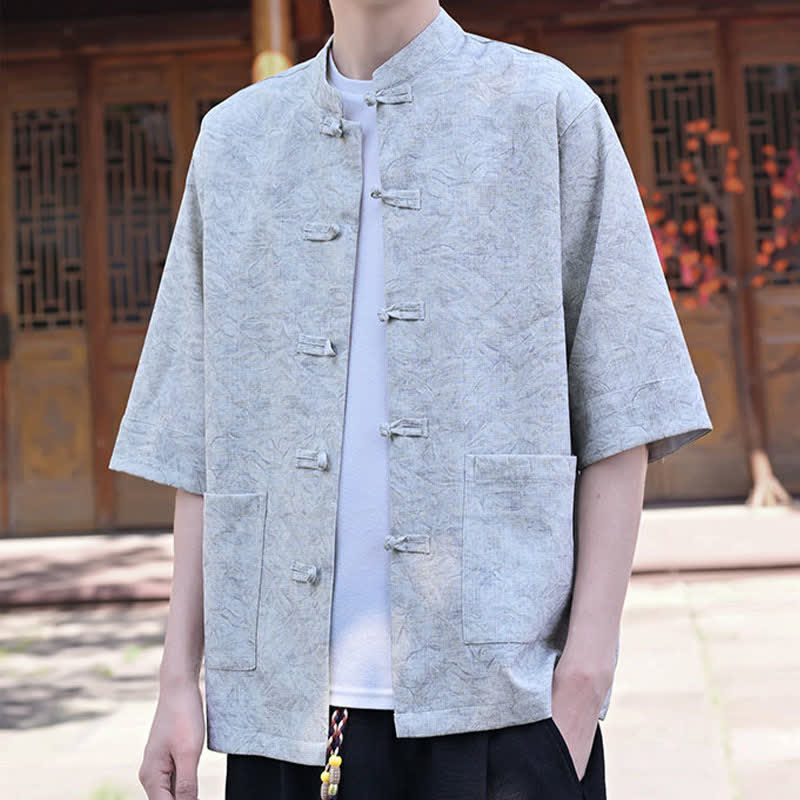 Nimara Ritual Summer Tang Style Mandarin Collar Frog Button Solid Men's Short Sleeve Shirts With Pocket